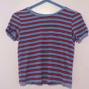 Light blue, red, black, and white stripped fitted top.